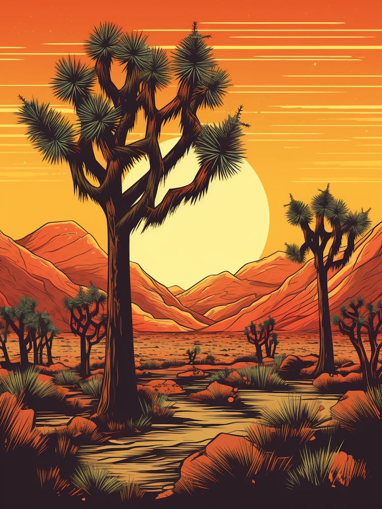 Retro Illustration Of A Joshua Trees At Sunset 2