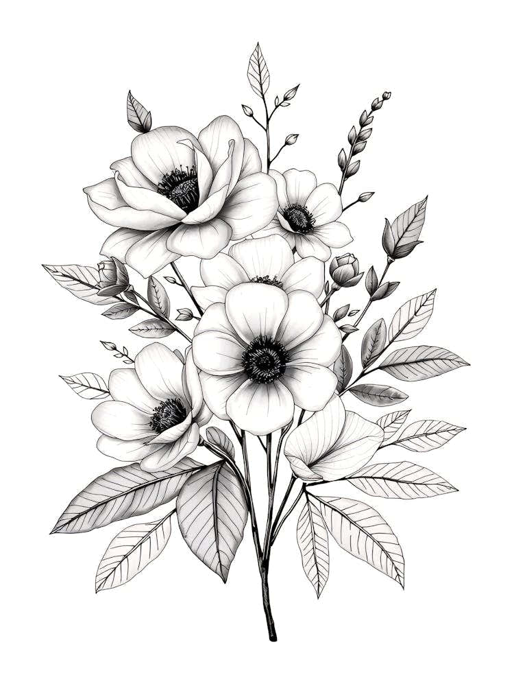 Black And White Drawing Of Flowers