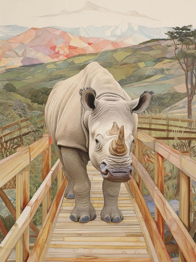 Rhino Crossing A Wooden Bridge With Mountain In The Background 2