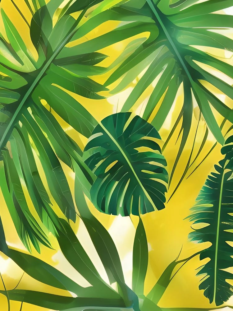 Yellow Background Jungle Tropical Oils Style Leaves Flora Rainforest