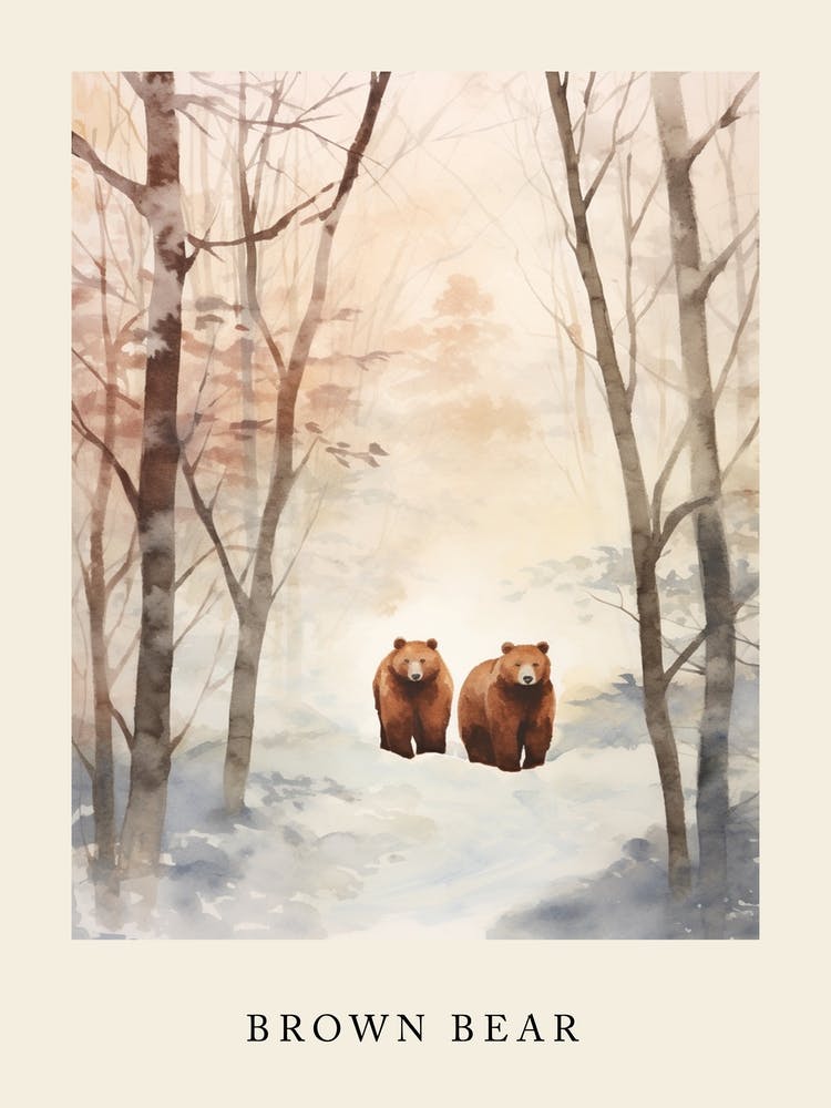 Winter Watercolour Brown Bear 1 Poster