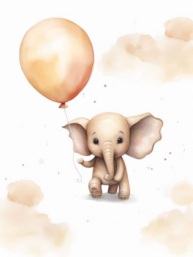 Baby Elephant Flying With Ballons, Watercolour Nursery Art 3
