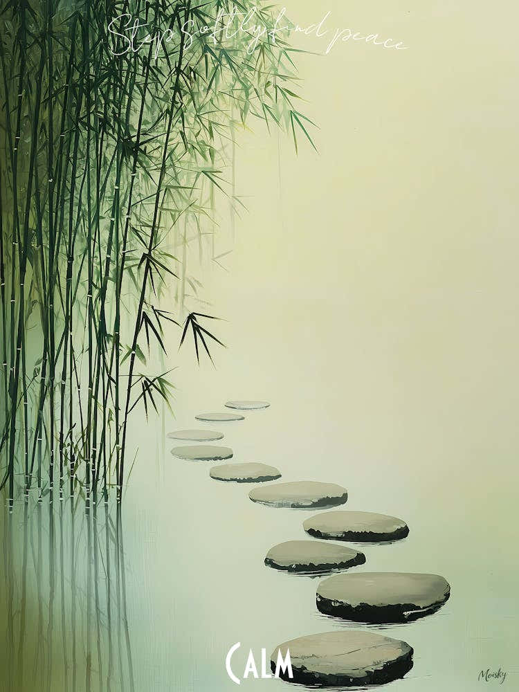 Calming Bamboo Forest And Stone Path, soft palette watercolor minimalist Calm Poster