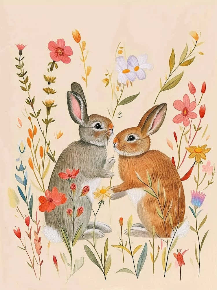 Folksy Floral Animal Drawing Rabbit 1