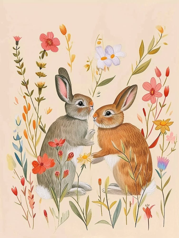 Folksy Floral Animal Drawing Rabbit 1