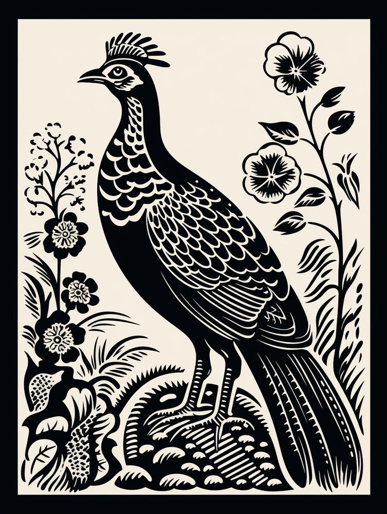 B&W Bird Linocut Pheasant 5