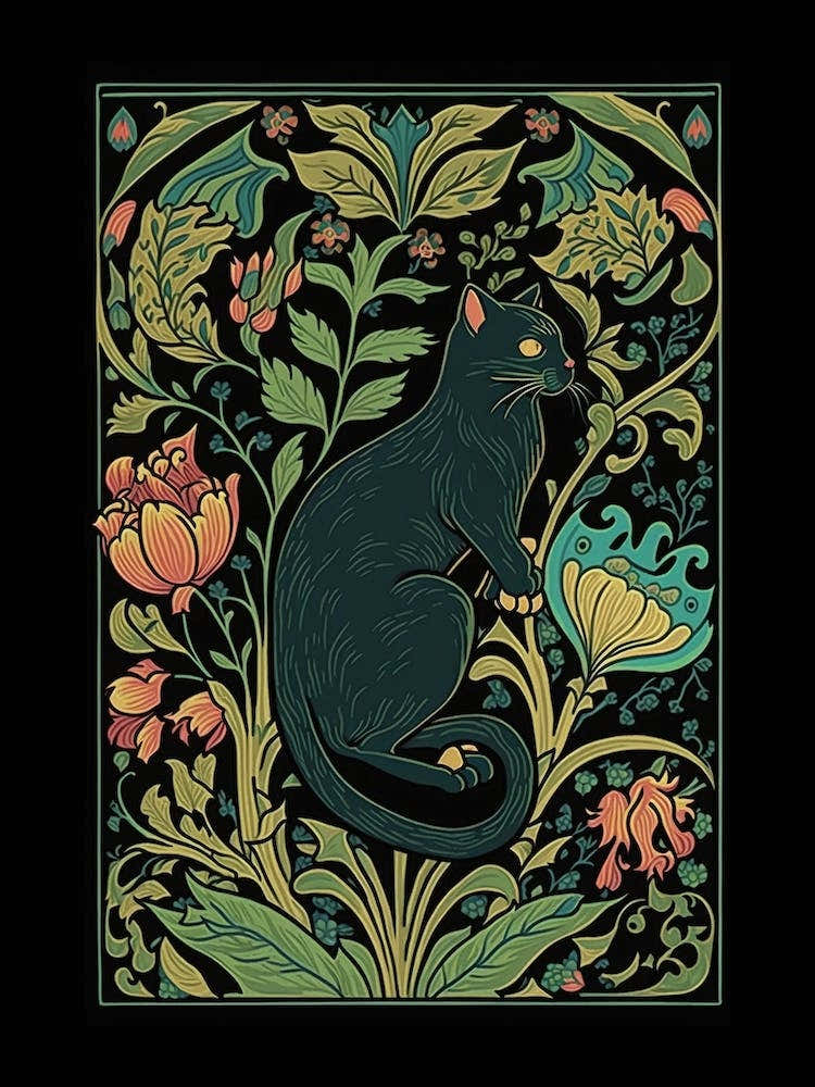 William Morris  Inspired Cats Collection Black Background Leaves Green