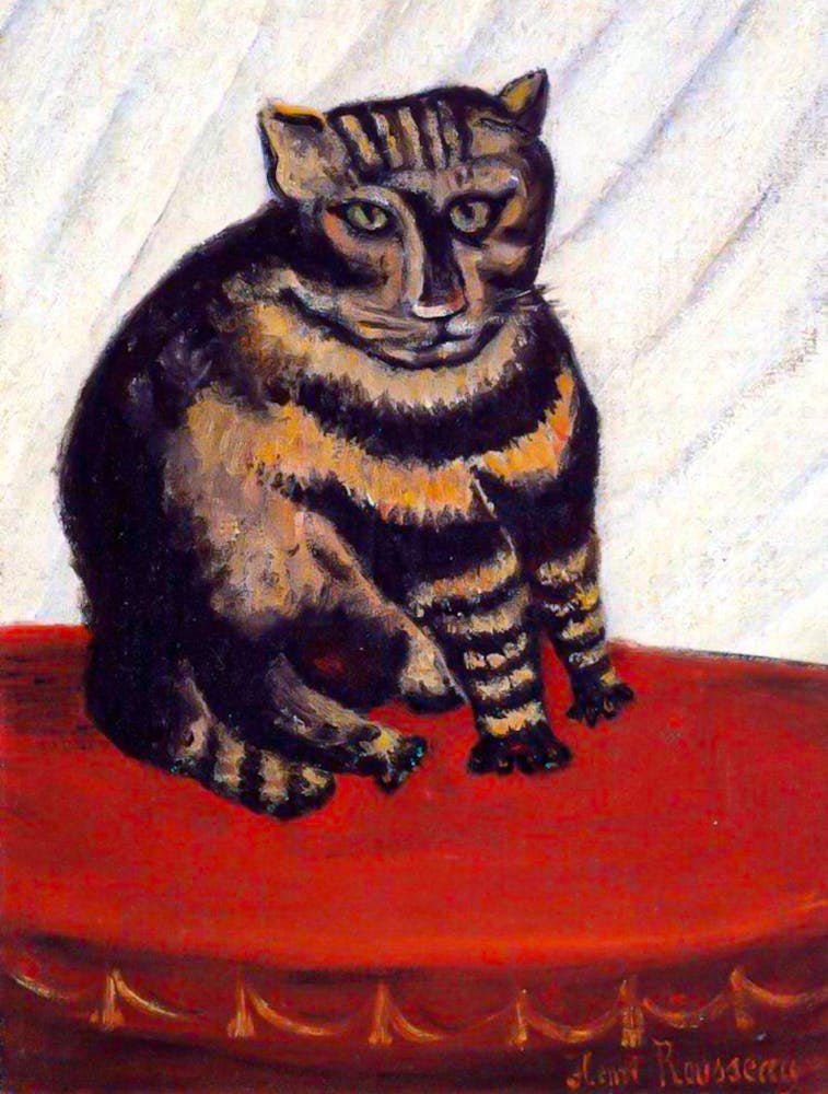 Henri Rousseau "The Tiger Cat" Le Chat Tigre (1844-1910) Famous Antique Oil Painting of Tabby Cat on Red Vintage Table - Signed and HD Remastered
