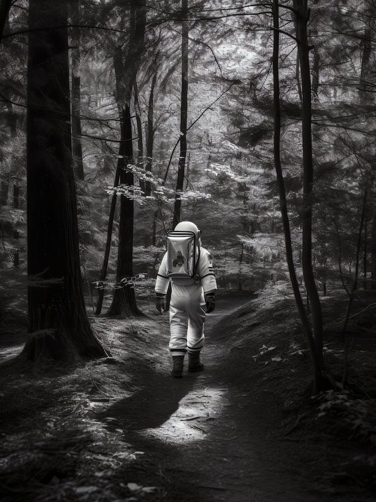 Astronaut In The Woods Black And White Photo
