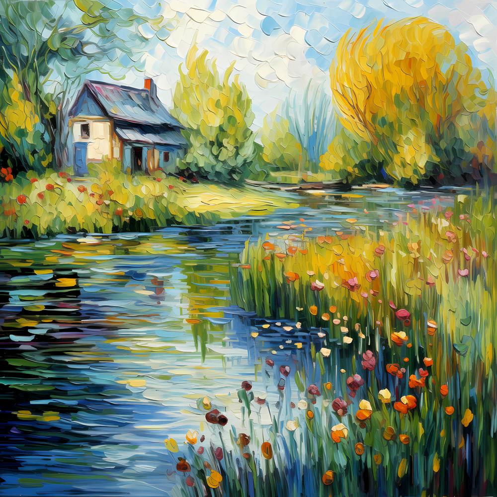 Riverside Bloom: A Brushstroke Tale of Serenity