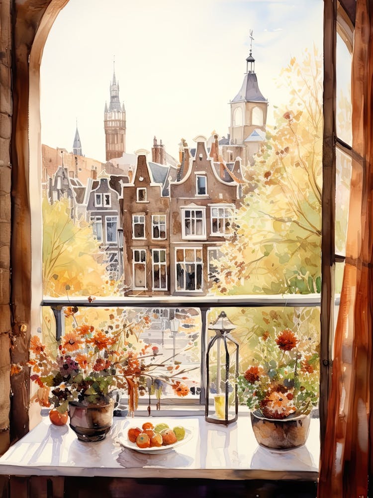 Window View Of Amsterdam Netherlands In Autumn Fall, Watercolour 3