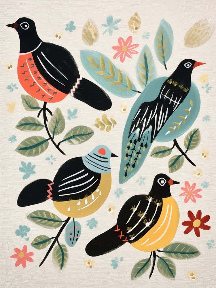 Folk Style Bird Painting Cowbird 1