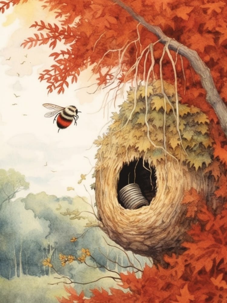 Red Mason Bee Beehive Watercolour Illustration 4