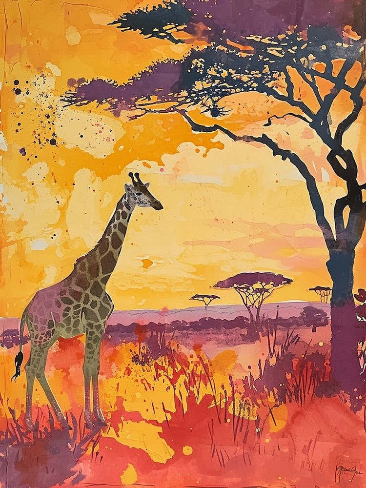 Lilac Giraffe Watercolour Style Illustration 2