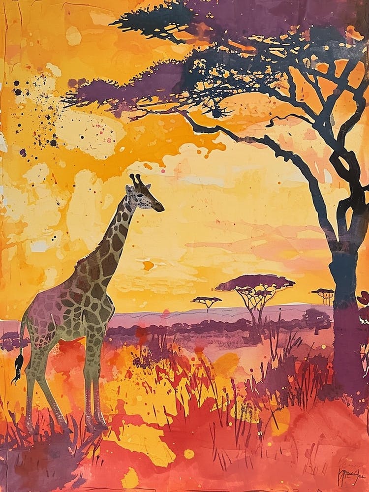 Lilac Giraffe Watercolour Style Illustration 2