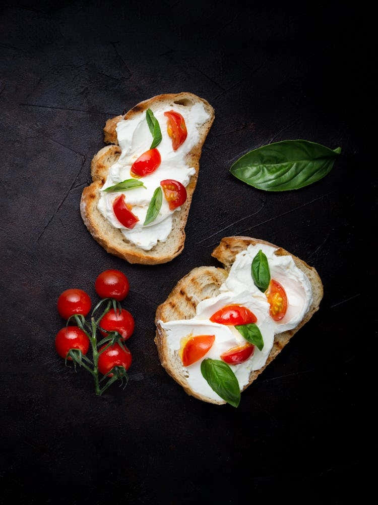 Bread with cheese & tomato — Food kitchen poster/blackboard, photo art