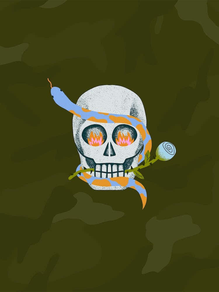 Flaming Skullhead With A Snake Rose Combo