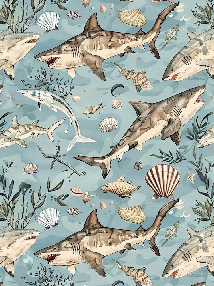 Pastel Blue Wobbegong Shark Illustrative Pattern