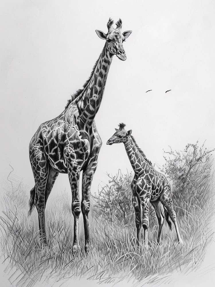 Giraffe & Calf Pencil Portrait  1
