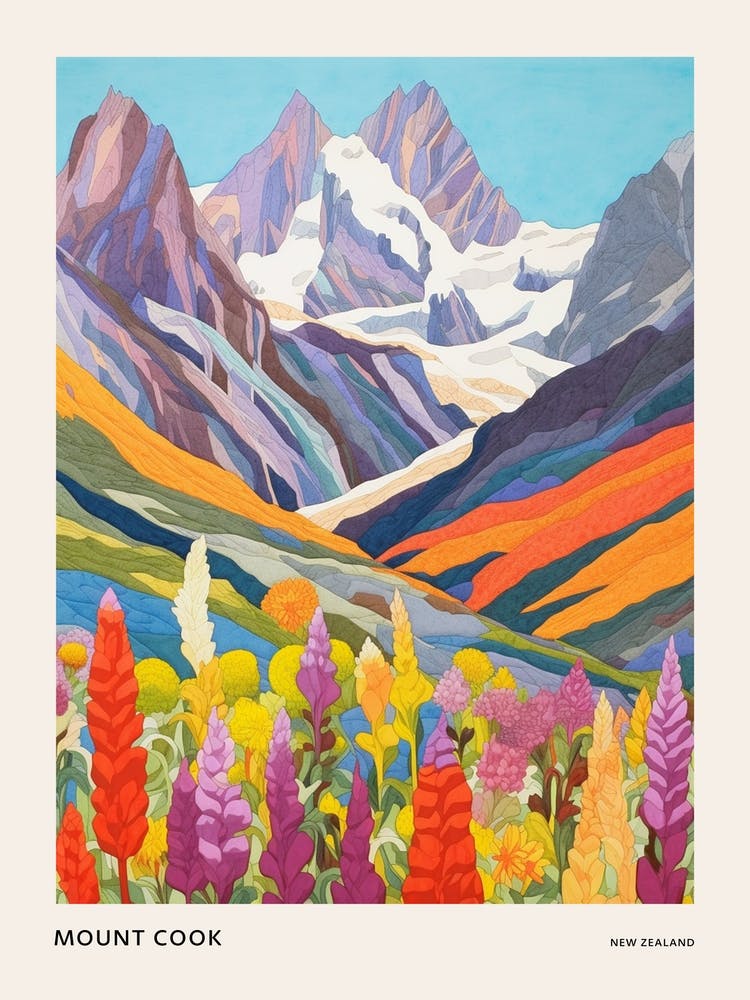 Mount Cook New Zealand 3 Colourful Mountain Illustration Poster