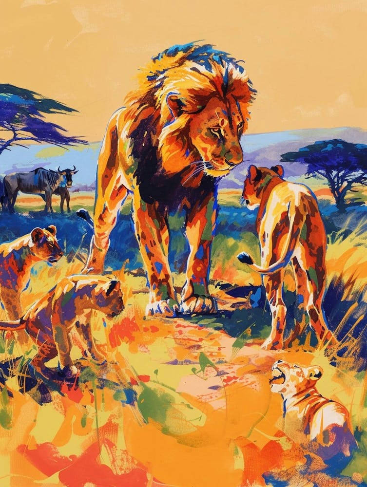 Masai Lion Interaction With Other Wildlife Fauvist Painting 1