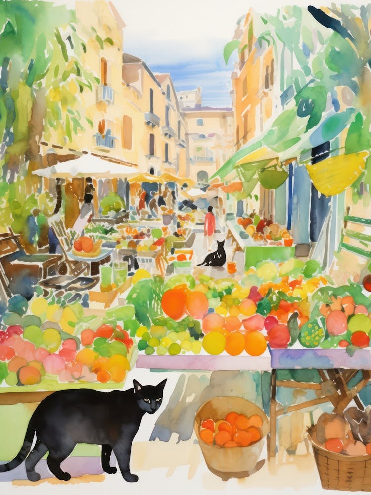 Food Market With Cats In Amalfi 1 Watercolour