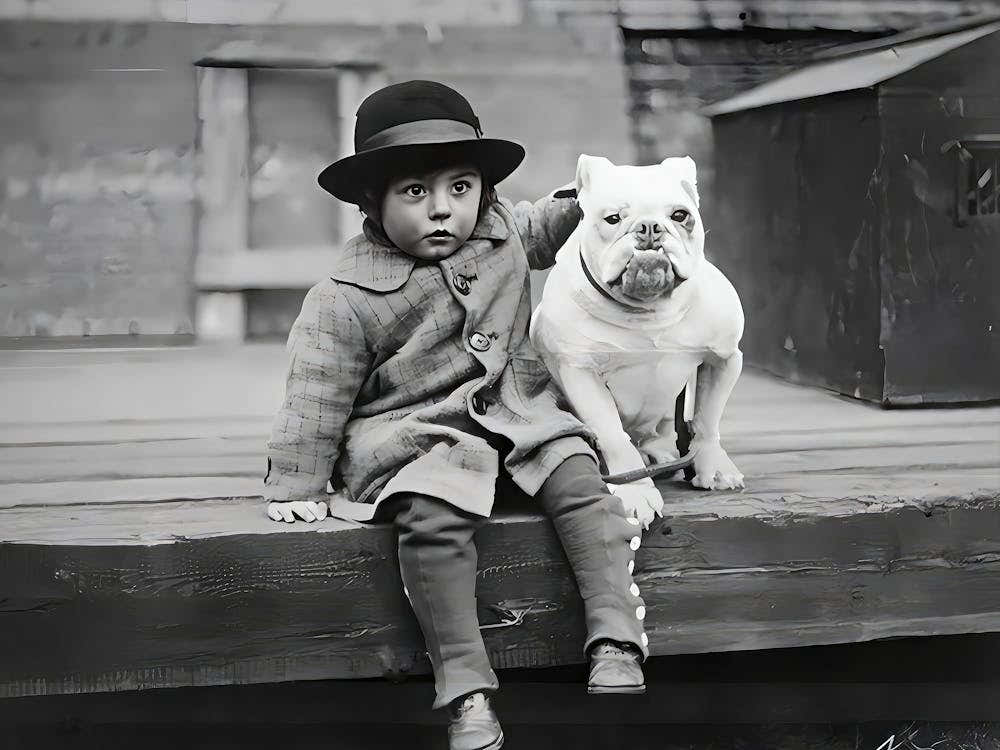 Young Boy And Bulldog Wall Art, Vintage Kid With British Bulldog Portrait, Dog Poster, Black And White Print, Old Photo, Retro Wall Decor(1)