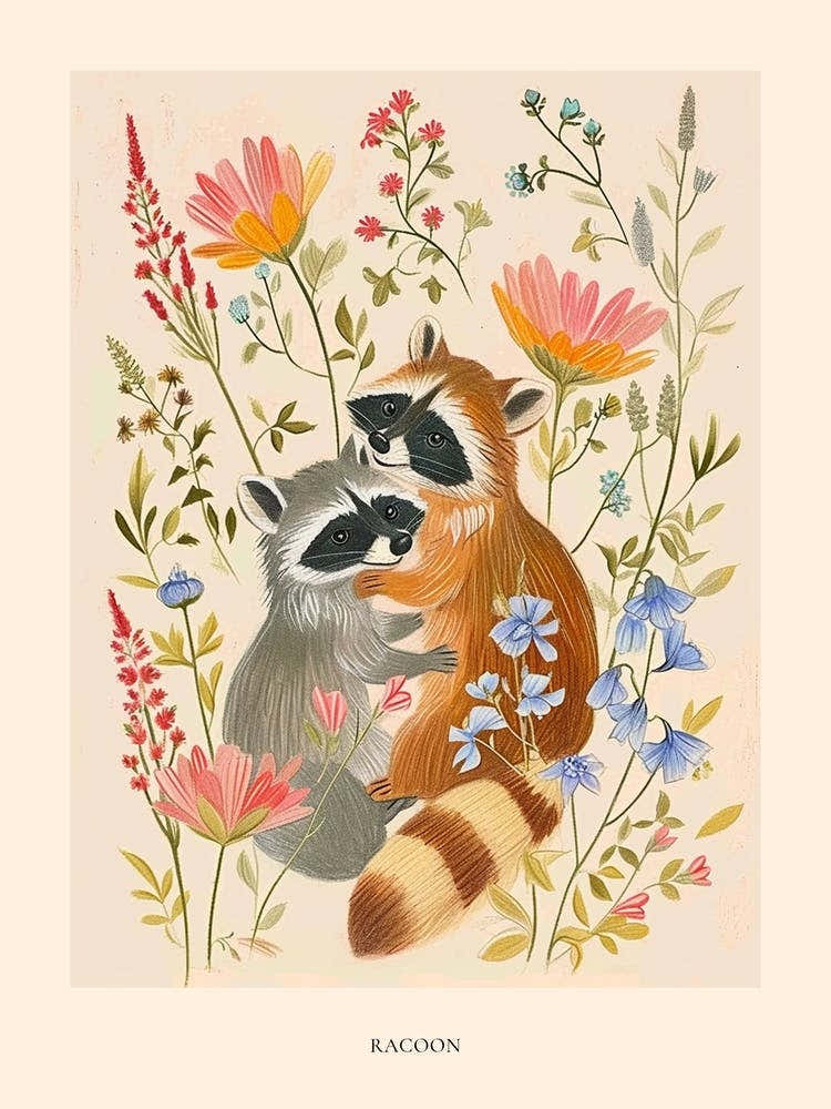 Folksy Floral Animal Drawing Racoon Poster