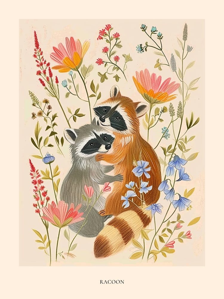 Folksy Floral Animal Drawing Racoon Poster
