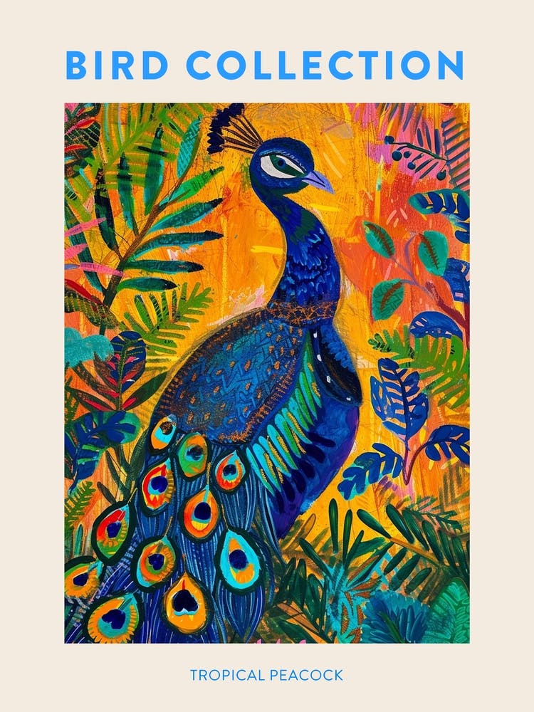 Peacock With Tropical Plants Gouache Painting Poster