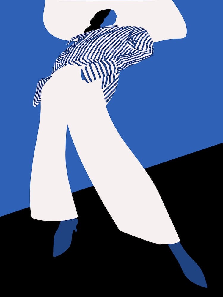 Fashion Model With Striped Shirt Large Hat On Blue