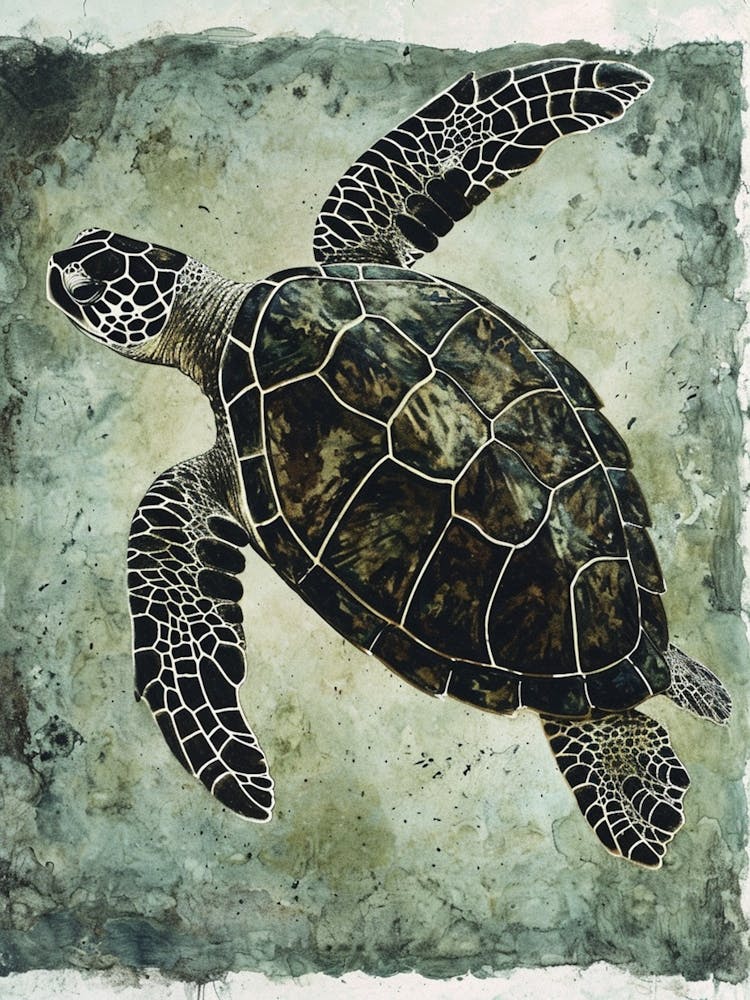Dark Green Vintage Sea Turtle Painting