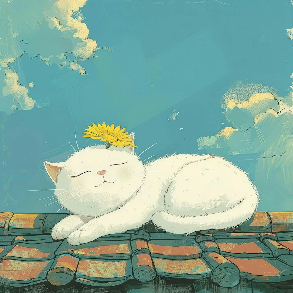 White Cat Sleeping On Roof 1