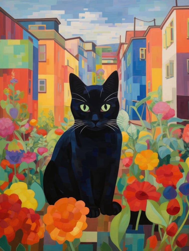 Black Cat In The Flower Garden