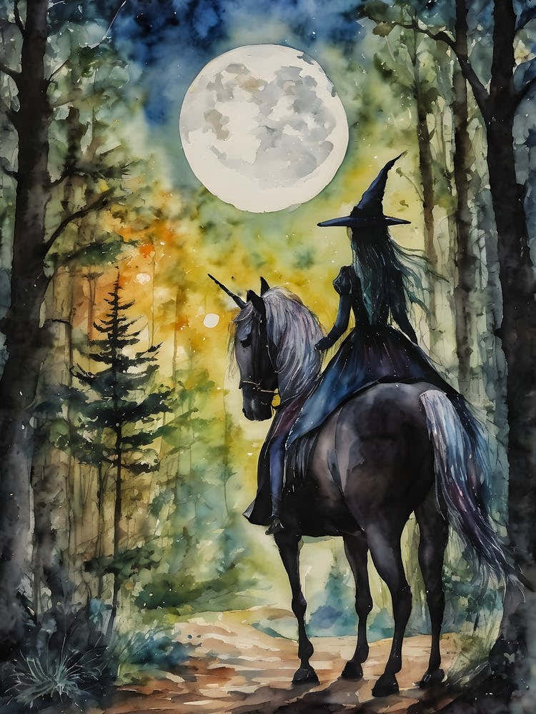 A Witch and her Dark Unicorn ~ Witchy Gothic Spooky Fairytale Watercolour
