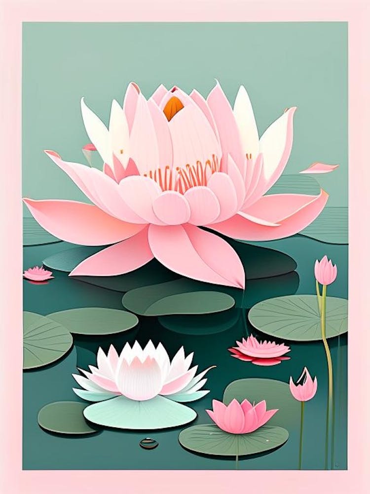 Blooming Lotus Flower In Lake Scandi Cartoon 1