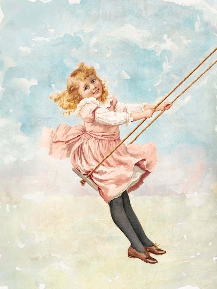 Little Girl On A Swing. Vintage Nursery Illustration, Kids Room