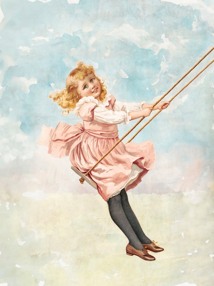 Little Girl On A Swing. Vintage Nursery Illustration, Kids Room