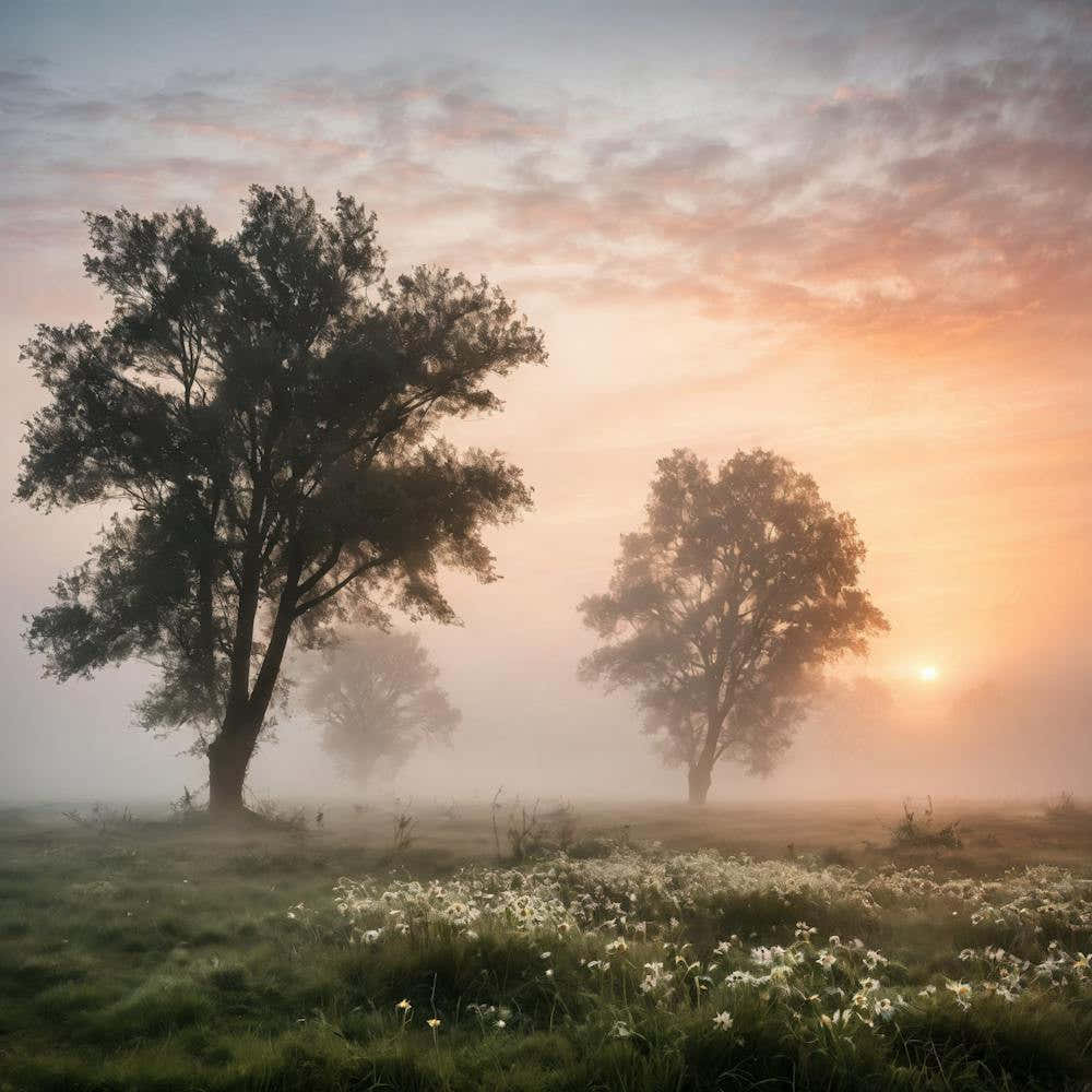 Sunrise Over A Foggy Field