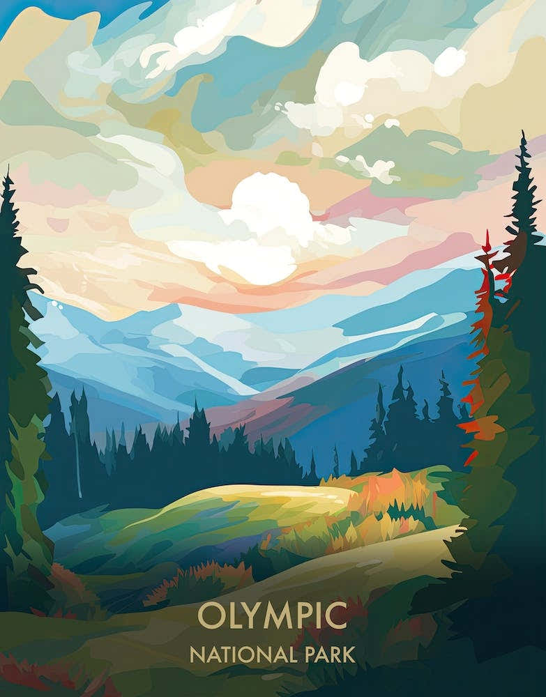 Olympic National Park Travel Poster Illustration Style 8