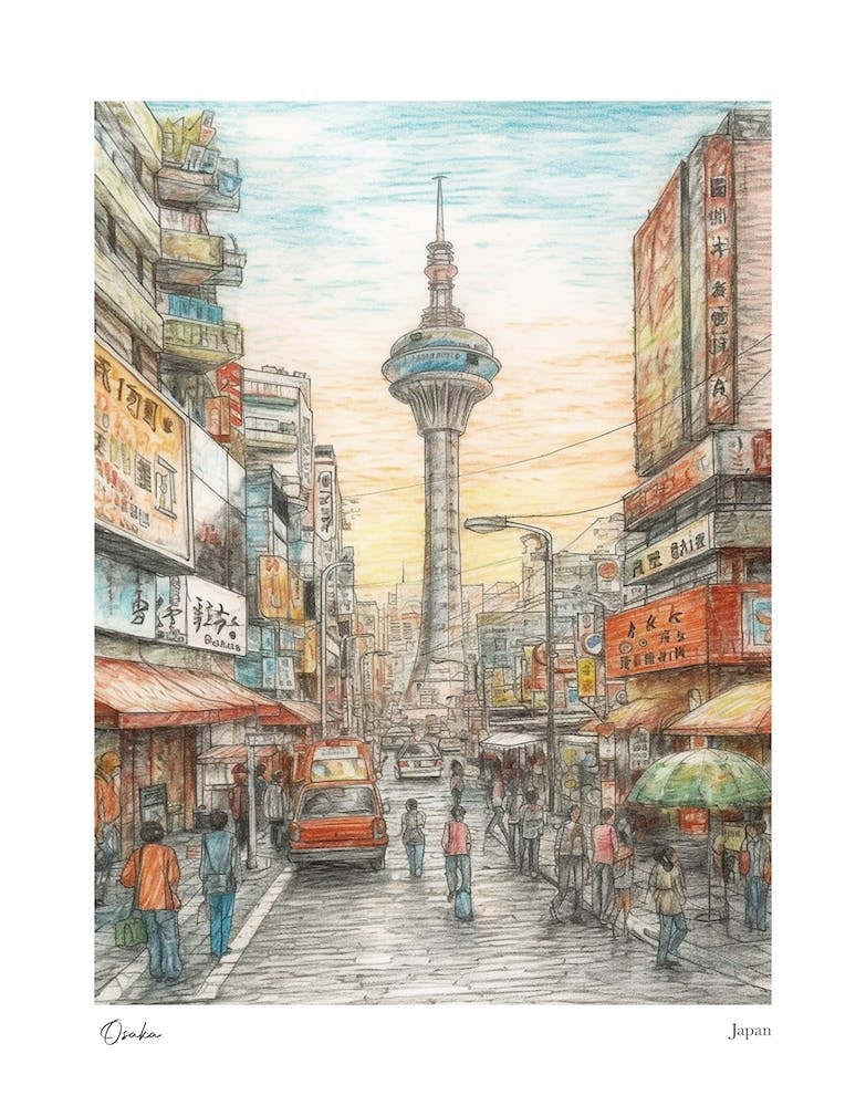 Osaka Japan Drawing Pencil Style 3 Travel Poster
