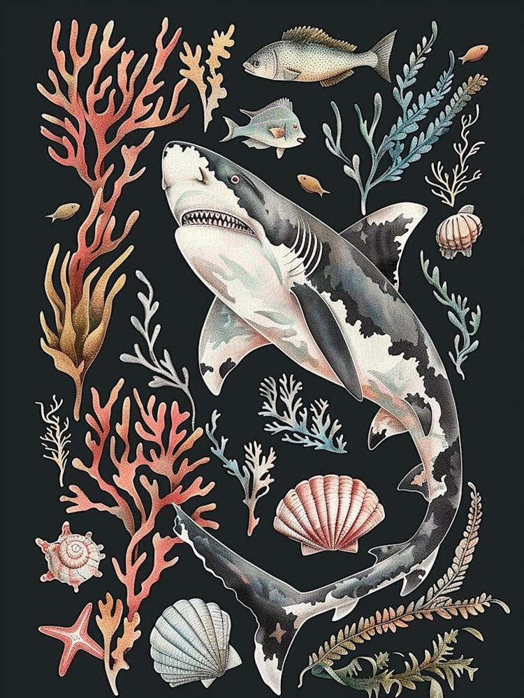 Nurse Shark Seascape Black Background Illustration 1