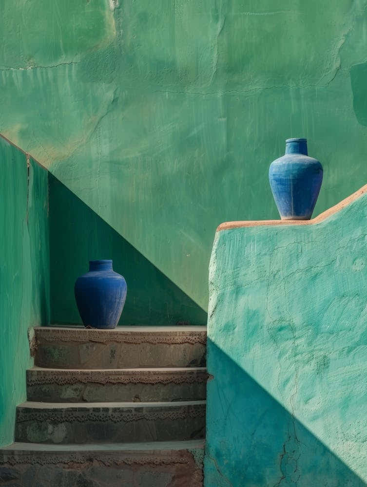Blue Vases On A Green Wall