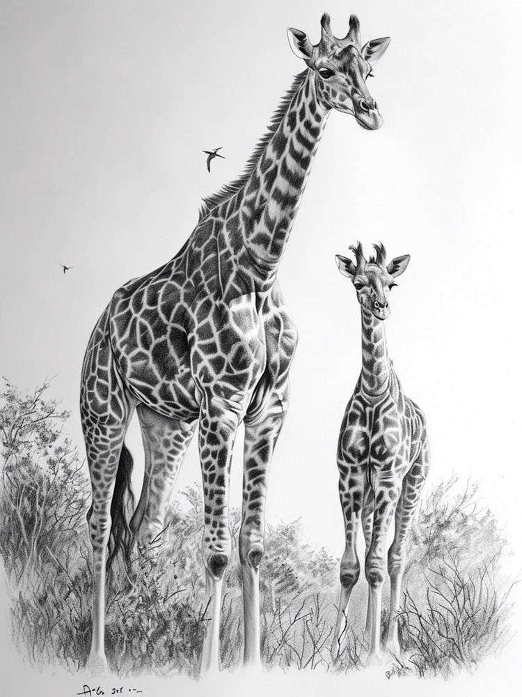 Giraffe & Calf Pencil Portrait  3