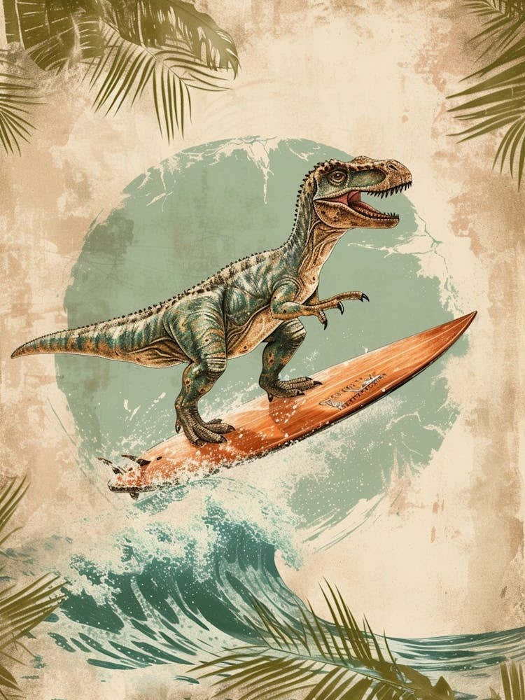 Vintage Iguanodon Dinosaur On A Surf Board  1