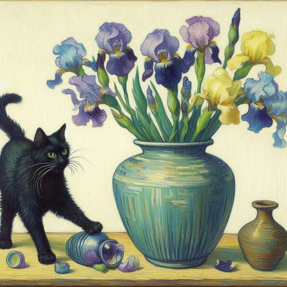 Cat With Irises and vase