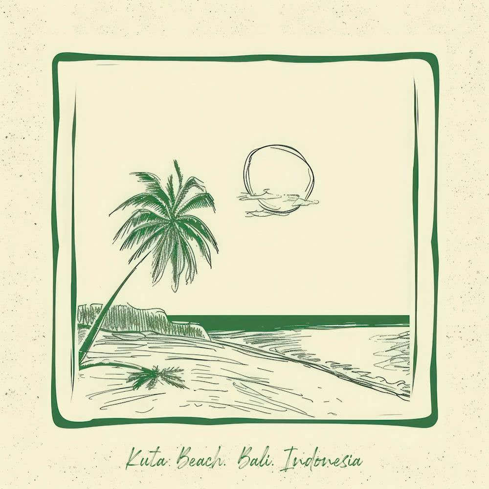 Kuta Beach, Bali, Indonesia Green Line Art Illustration