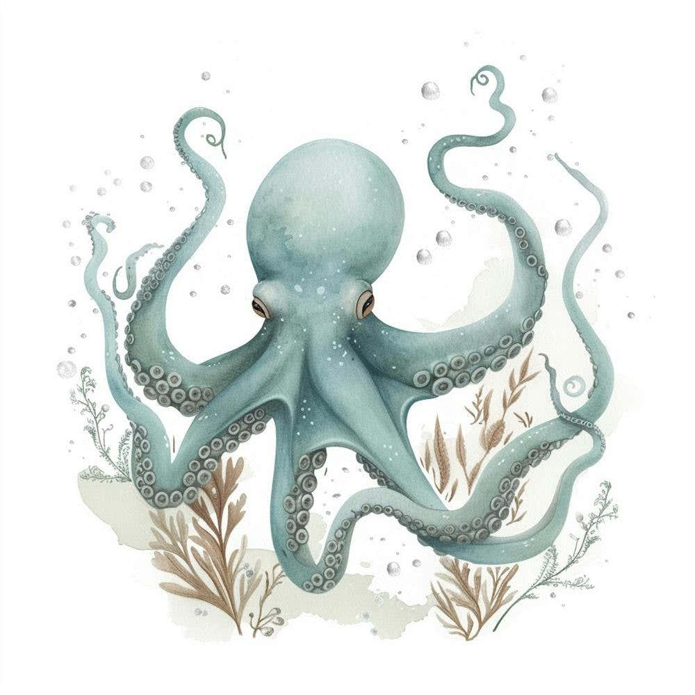 Watercolour Storybook Style Octopus With Bubbles 2
