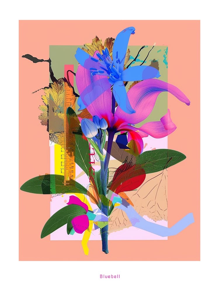 Bluebell 4 Neon Flower Collage Poster