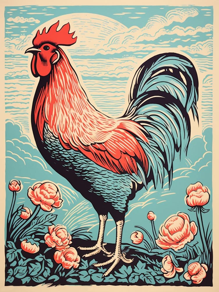 Vintage Bird Linocut Chicken 4